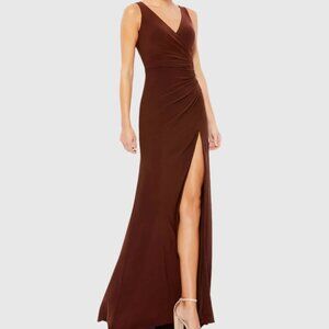 NWT - Mac Duggal - Brown Floor-Length V-Neck Gown